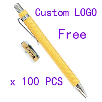 100 Шт Бамбуковая шариковая ручка с пользовательским логотипом, шариковая ручка из бамбукового дерева, наконечник 1,0 мм, Синие Черные чернила, Офисные Школьные Канцелярские принадлежности, Бизнес