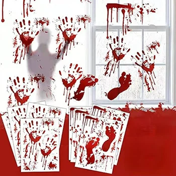 4 Листа Украшений на Хэллоуин, Ужасный Кровавый Отпечаток руки, Наклейки на окна, Наклейки для вечеринок в помещении / на открытом воздухе