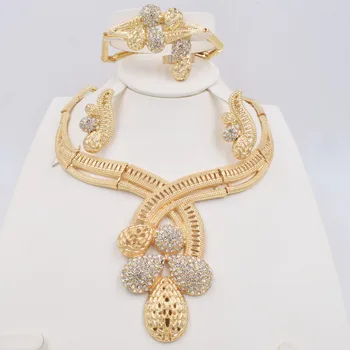 Новейший женский комплект ювелирных изделий из 18-каратного золота с элегантным кулоном Ожерелье Серьги Браслет Кольцо Комплект ювелирных изделий Аксессуары для свадебной вечеринки