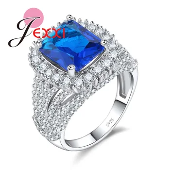 Новые модные роскошные свадебные обручальные кольца для влюбленных с квадратным синим цирконом из стерлингового серебра 925 пробы с микро-покрытием из хрусталя Eternity Ring