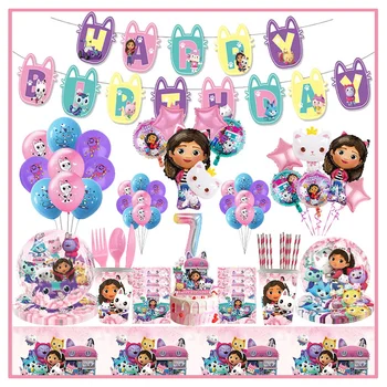 Украшения для вечеринки в честь Дня рождения Gabby Dollhouse, Новые воздушные шары Gabby Suger Cats, Розовая Бумажная Посуда, Фон для детского душа, Дети